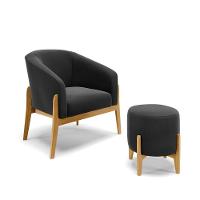 Kit 01 Poltrona E 01 Puff Base Madeira Castanho Cor Preto - 1