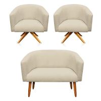 Kit 1 Namoradeira 2L e 2 Poltronas Giratória Linho Areia - 6