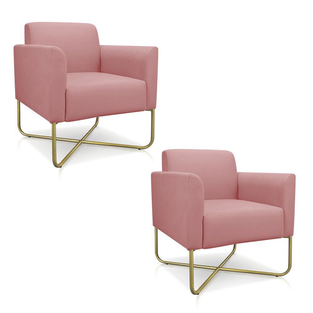 Kit 02 Poltronas Marisa Suede Base X Industrial Dourada Rose - 1