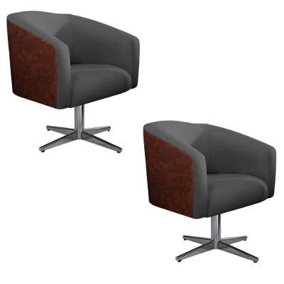 Kit 02 Poltronas Base Giratória Metal Couro Ecológico Chumbo