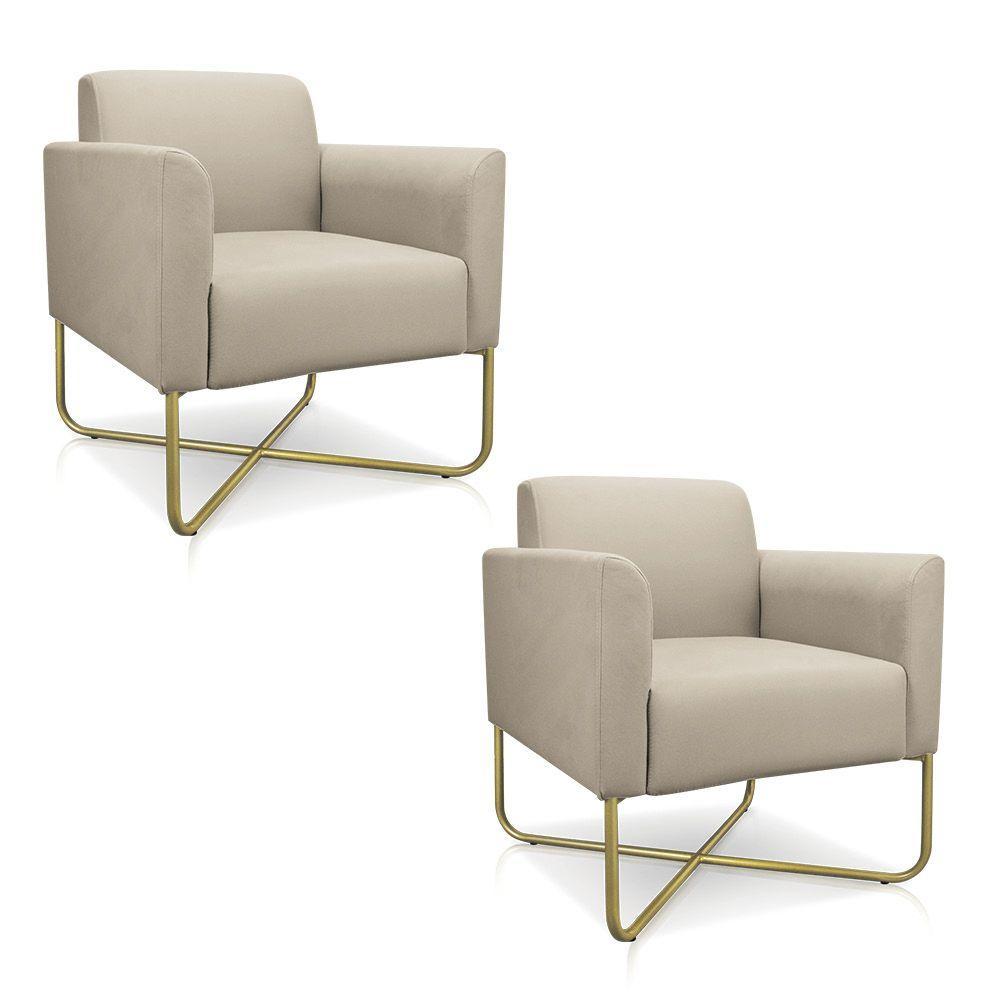 Kit 02 Poltronas Marisa Suede Base X Industrial Dourada Bege - 1
