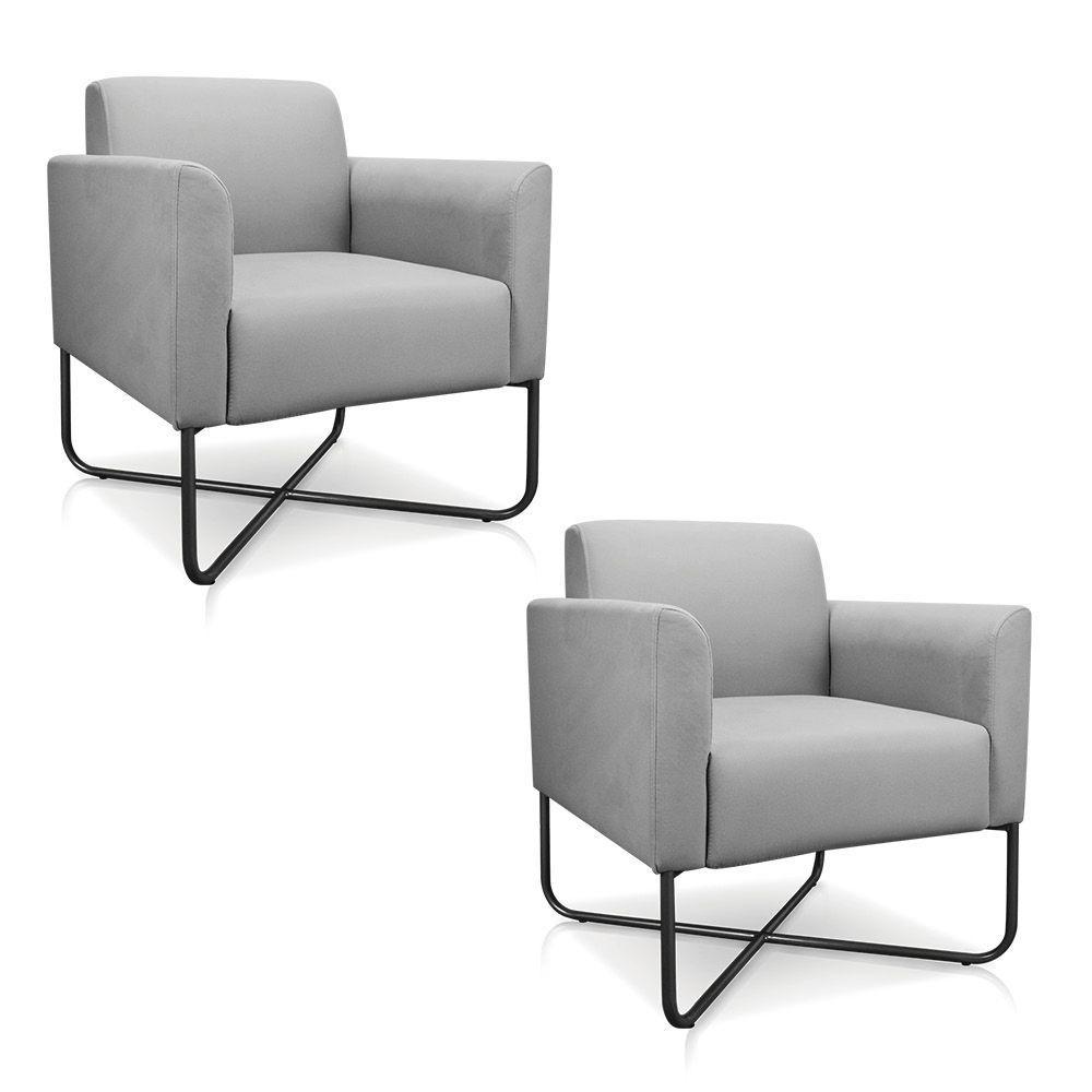 Kit 02 Poltronas Marisa Suede Cinza Base X Industrial Preta - 1