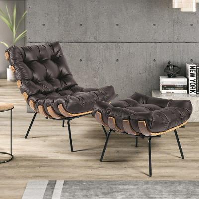 Poltrona e Puff Costela Couro Marrom Base de Metal Drossi