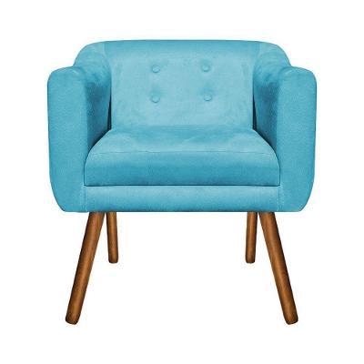 Poltrona Julia Suede Azul Turquesa Pés Palito Castanho