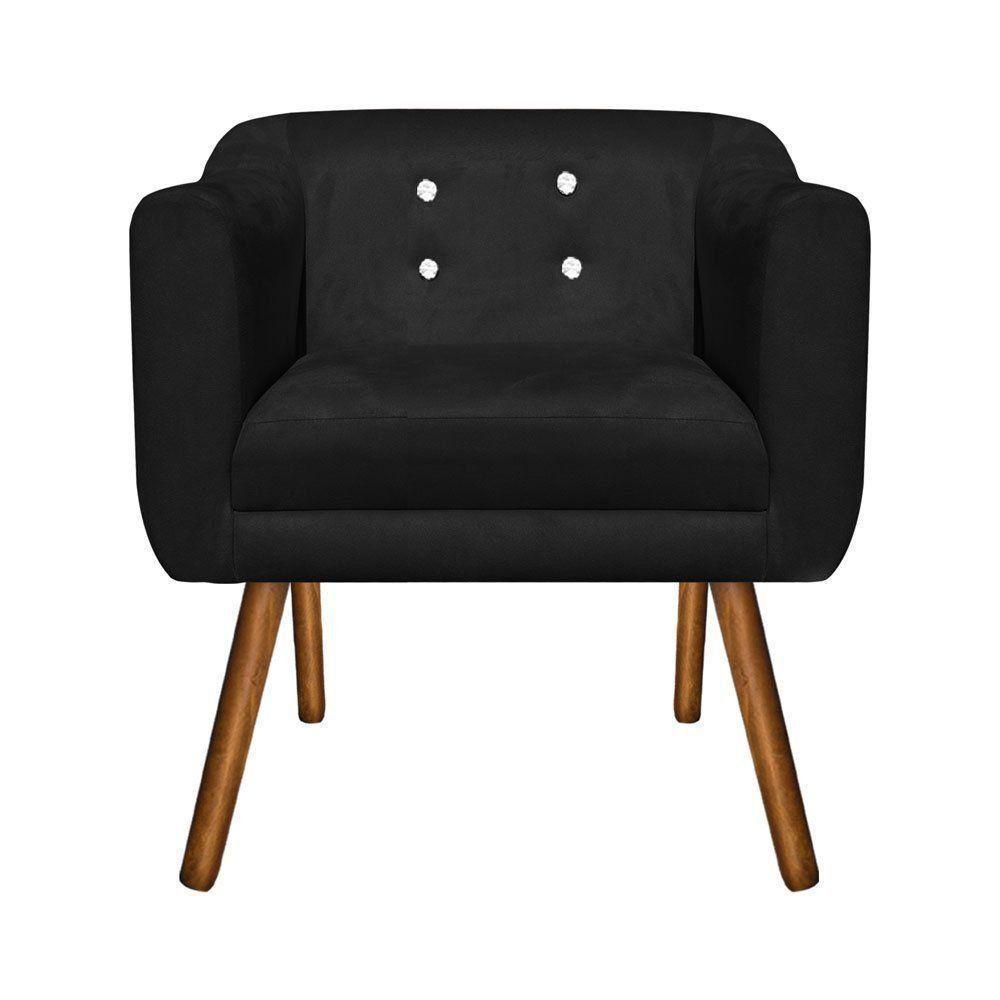 Poltrona Julia Suede Preto Com Strass Pés Palito Castanho - 2
