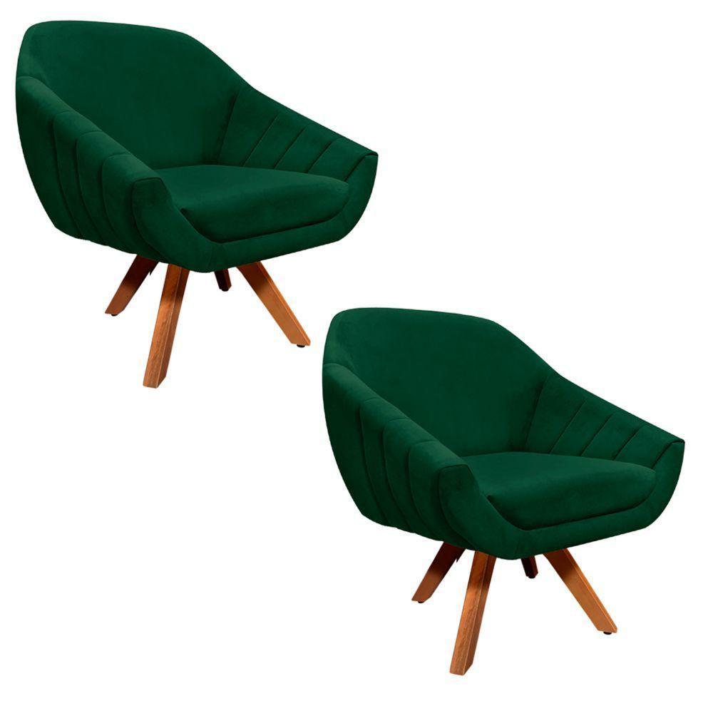 Kit 02 Poltronas Giratória Giovana Suede Base Madeira Verde - 1