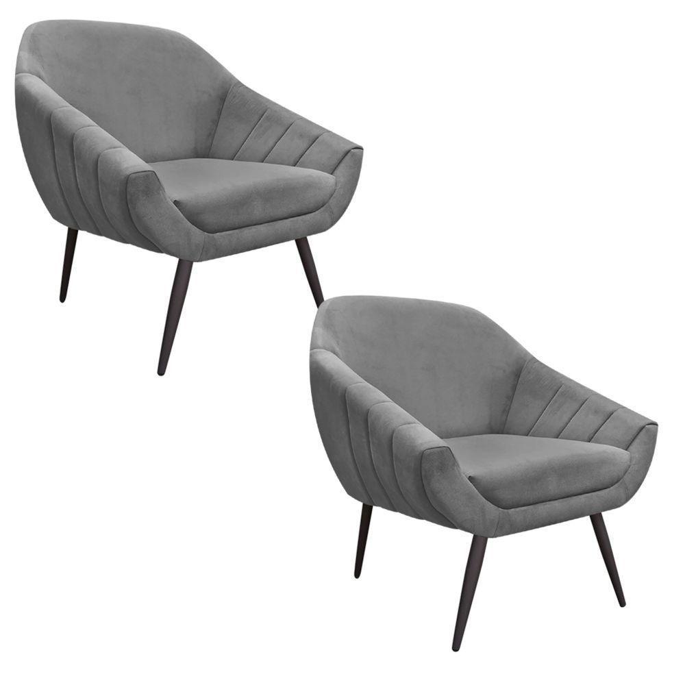 Kit 02 Poltronas Giovana Suede Grafite Pés Palito Ferro - 1