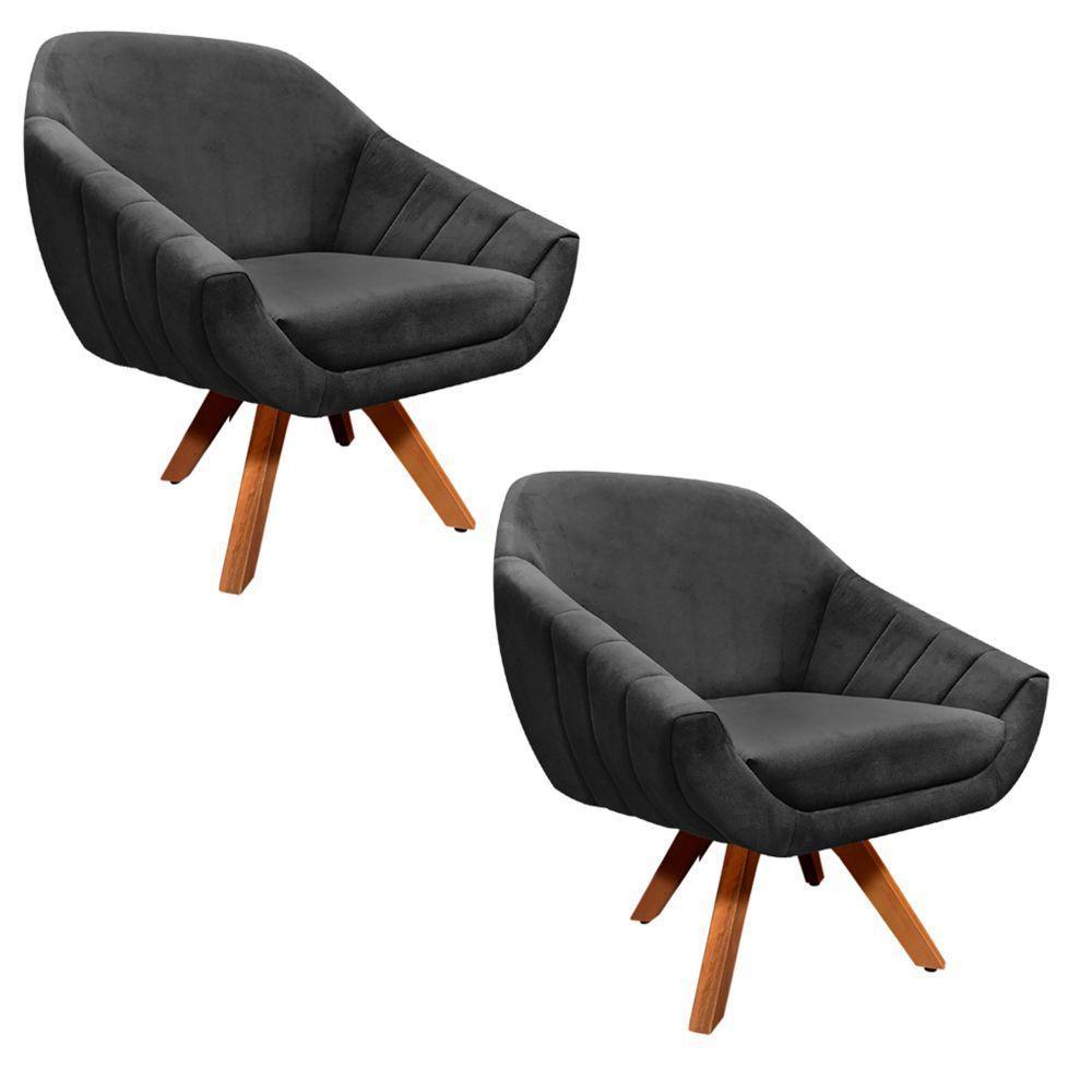 Kit 02 Poltronas Giratória Giovana Suede Preto Base Madeira - 1