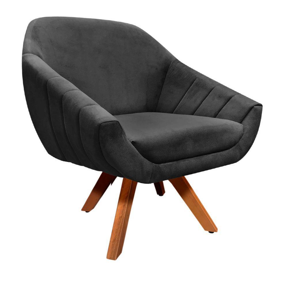 Kit 02 Poltronas Giratória Giovana Suede Preto Base Madeira - 9