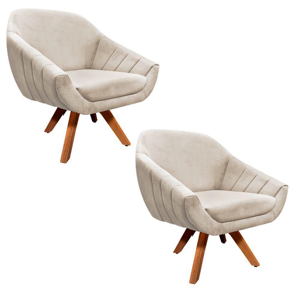 Kit 02 Poltronas Giratória Giovana Suede Bege Base Madeira - 1