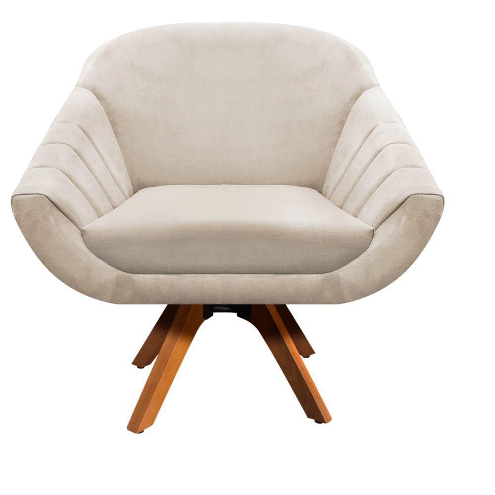 Kit 02 Poltronas Giratória Giovana Suede Bege Base Madeira - 2