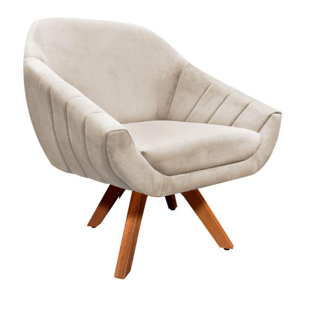 Kit 02 Poltronas Giratória Giovana Suede Bege Base Madeira - 6