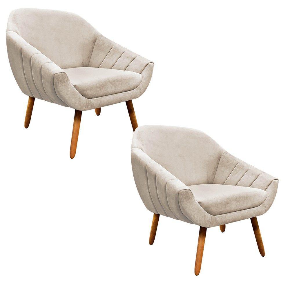 Kit 02 Poltronas Giovana Suede Bege Pés Palito Castanho - 1