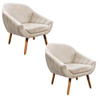 Kit 02 Poltronas Giovana Suede Bege Pés Palito Castanho - 1