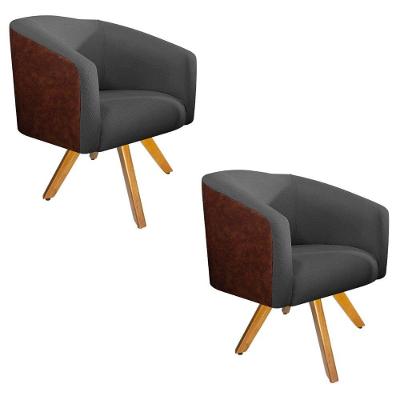 Kit 02 Poltronas Luiza Base Giratória Nozes e Linho Chumbo