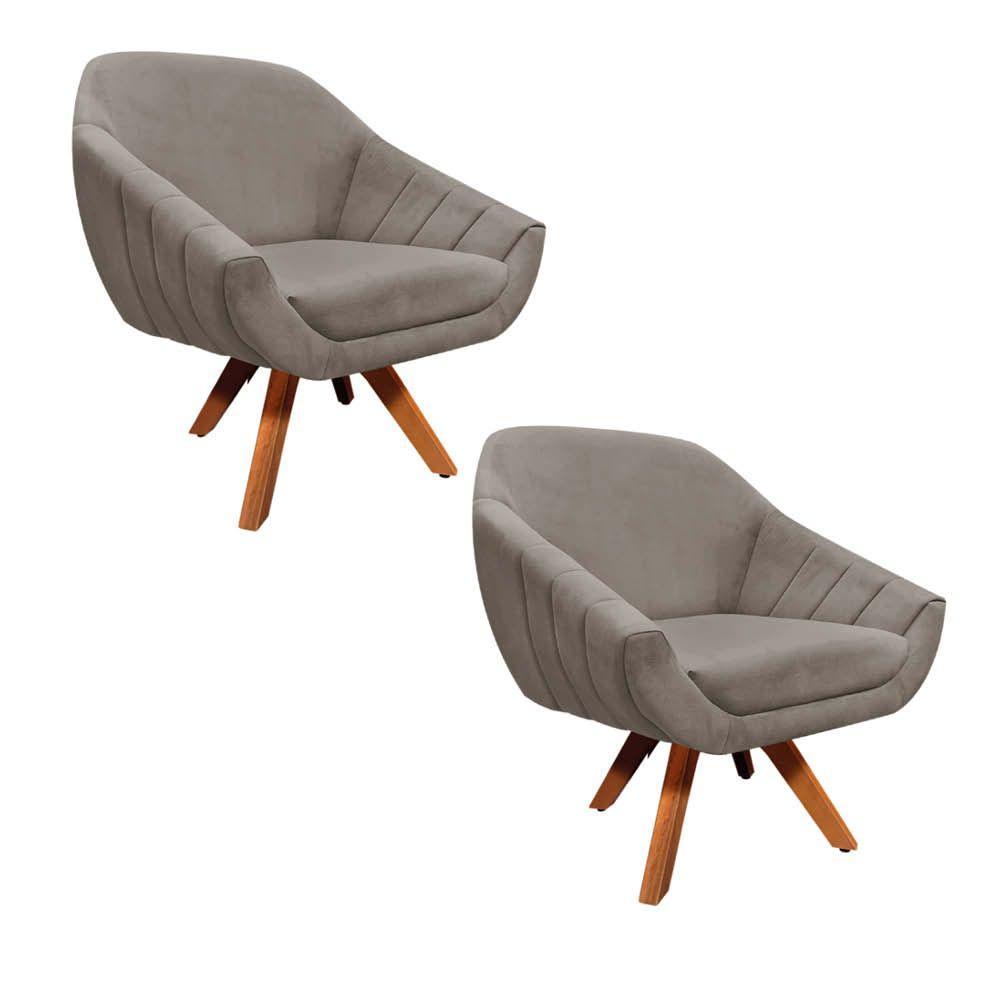 Kit 02 Poltronas Giratória Giovana Suede Marrom Base Madeira - 1