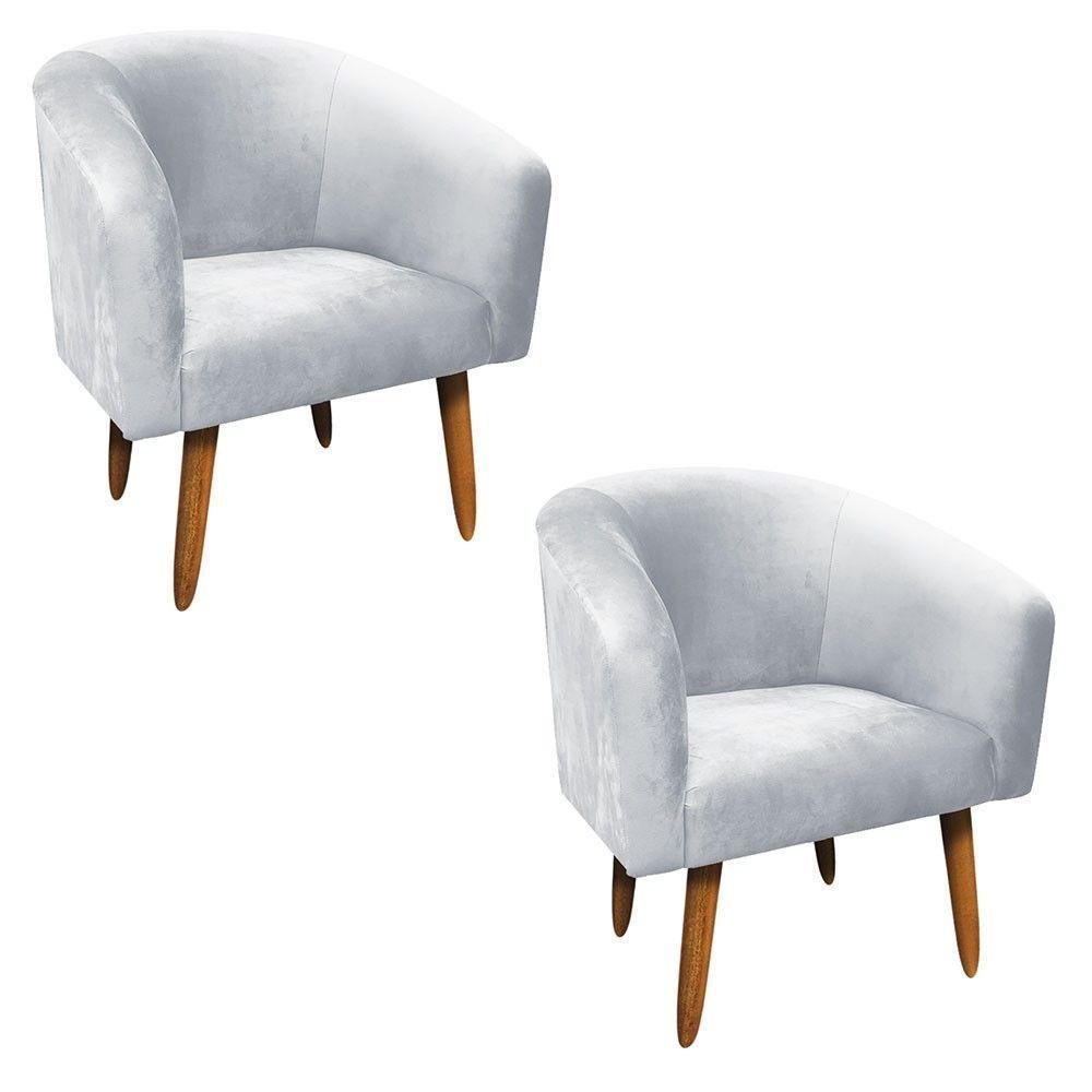 Kit 02 Poltronas Stella Suede Cinza Pés Palito Castanho - 7