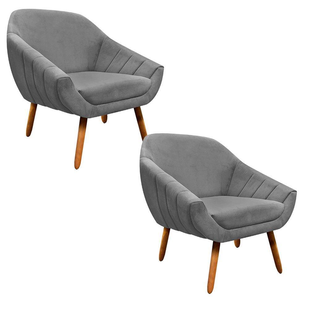 Kit 02 Poltronas Giovana Suede Pés Palito Castanho Grafite - 1