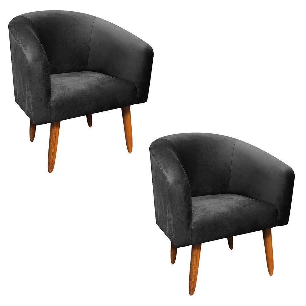 Kit 02 Poltronas Stella Suede Preto Pés Palito Castanho - 1
