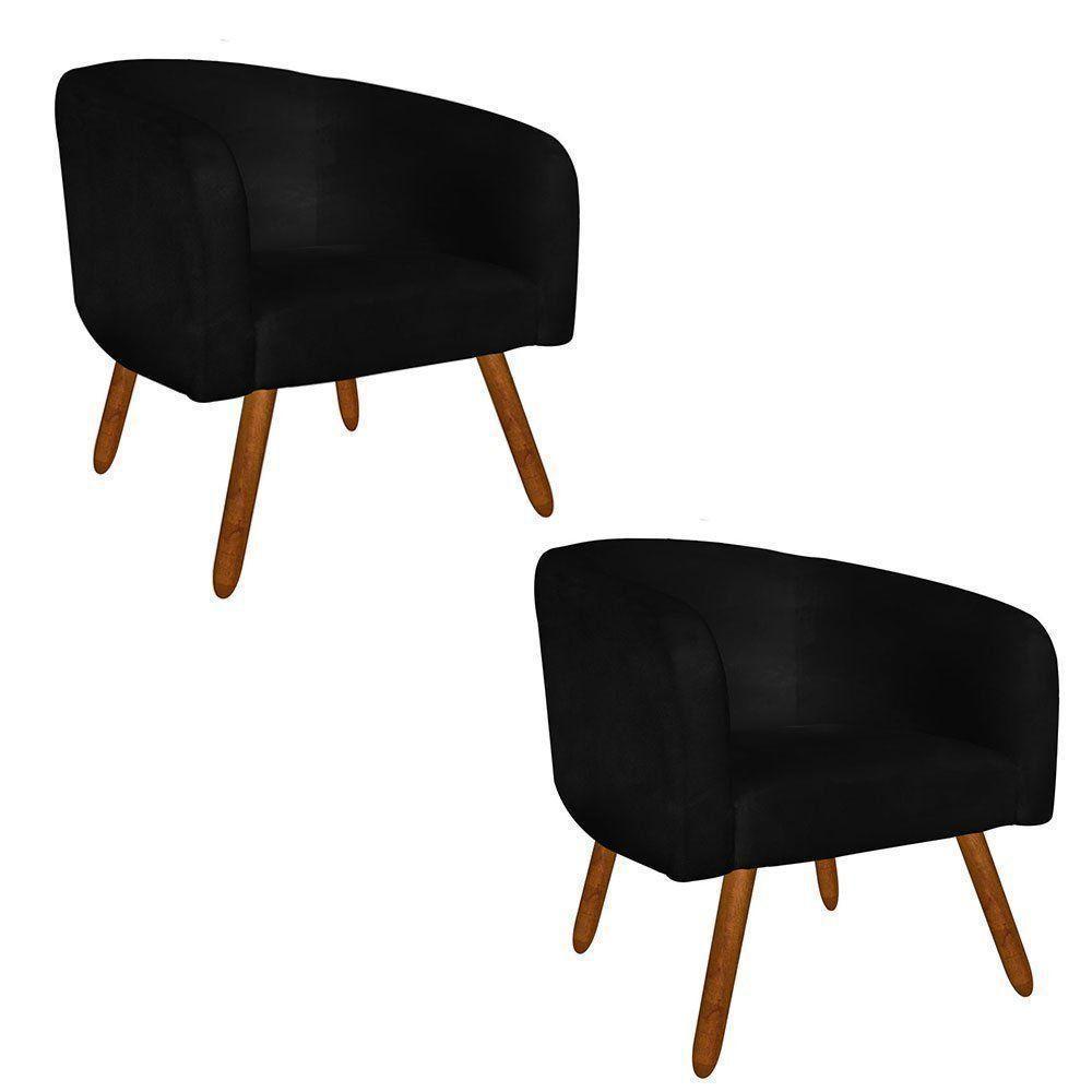 Kit 02 Poltronas Stella Suede Preto Pés Palito Castanho - 10