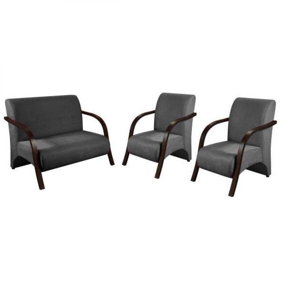 Conjunto Poltrona Sevilha Braço Madeira Kit 3 Peças Grafite - 1