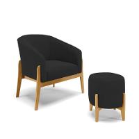 Kit 01 Poltrona E 01 Puff Base Madeira Castanho Cor Preto - 1