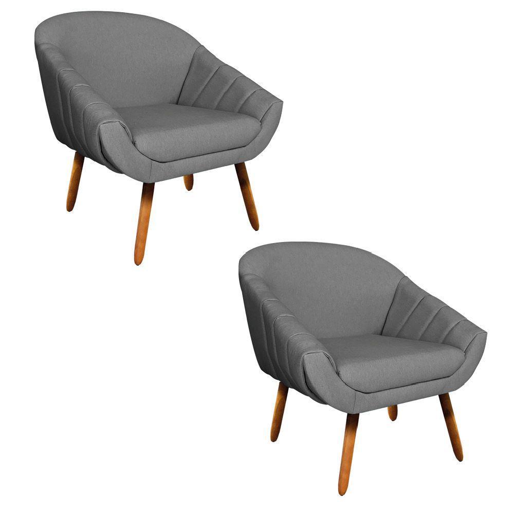 Kit 02 Poltronas Giovana Linho Grafite Pés Palito Castanho - 1