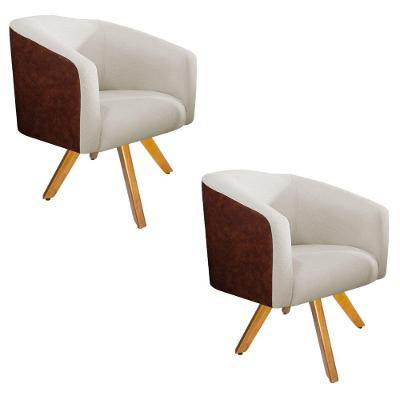 Kit 02 Poltronas Base Giratória Madeira Couro Ecológico Bege