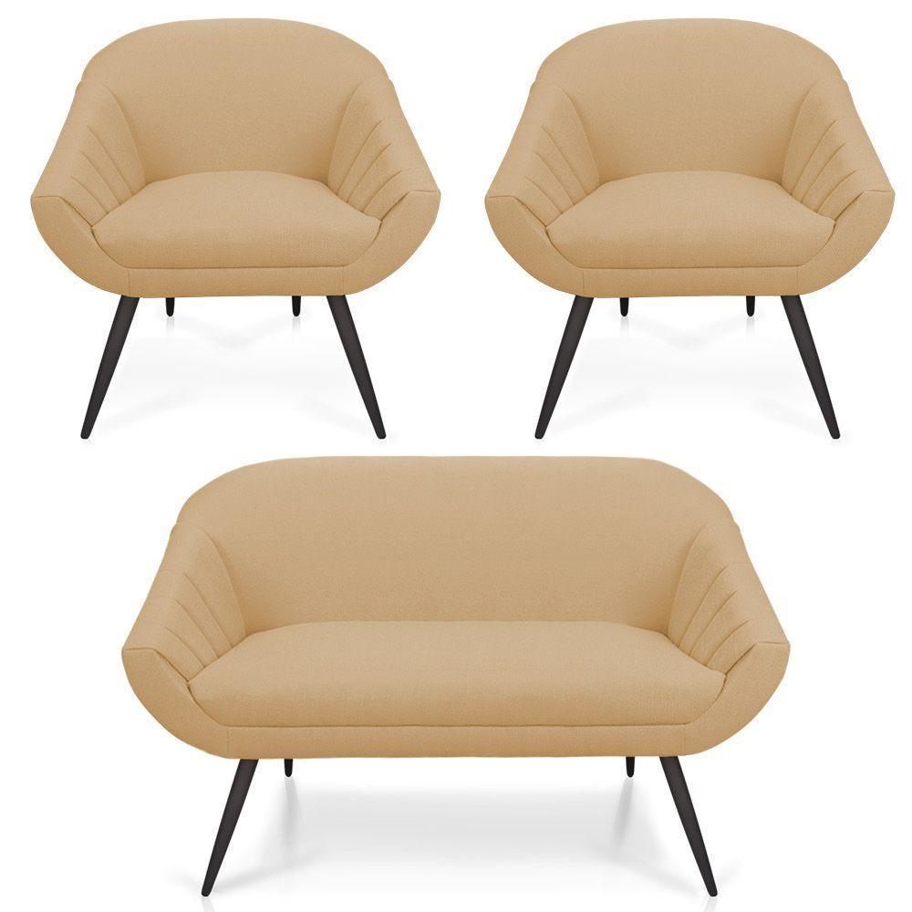 Kit 01 Namoradeira 02 Lugares E 02 Poltronas Giovana Linho Pés Palito De Ferro A27 Areia - 1