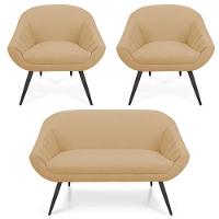 Kit 01 Namoradeira 02 Lugares E 02 Poltronas Giovana Linho Pés Palito De Ferro A27 Areia - 1