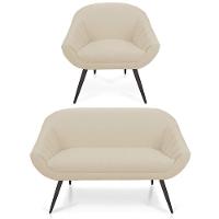 Kit 01 Namoradeira 02 Lugares E 01 Poltrona Giovana Linho Pés Palito De Ferro A19 Grosso Bege - 1