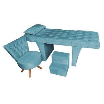 Kit Maca Reta Capitonê 0,80m Sophia Com Mocho Base Madeira E Escada Veludo Azul Turquesa - Pallazio