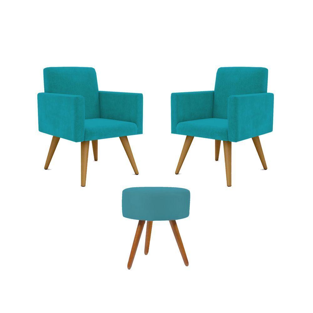 Kit 02 Poltronas Decorativas Pés Palito + 1 Puff Cor:azul Turquesa - 1