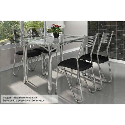 Sala de Jantar Completa Elba c/ Tampo Vidro 140cm + 4 Cadeiras Nápoles Cromado/Courano Preto - Kappesberg