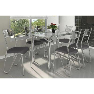 Sala de Jantar Completa Elba c/ Tampo Vidro 140cm + 6 Cadeiras Nápoles Cromado/Courano Preto - Kappesberg