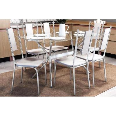 Conjunto: Mesa Sala Jantar Loire c/ Tampo Vidro 150cm + 6 Cadeiras Lisboa Cromado/Courano Branco - Kappesberg