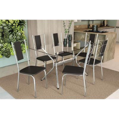 Kit Mesa Loire C- Tampo Vidro 150cm + 6 Cadeiras Lisboa Cromado Courano Preto