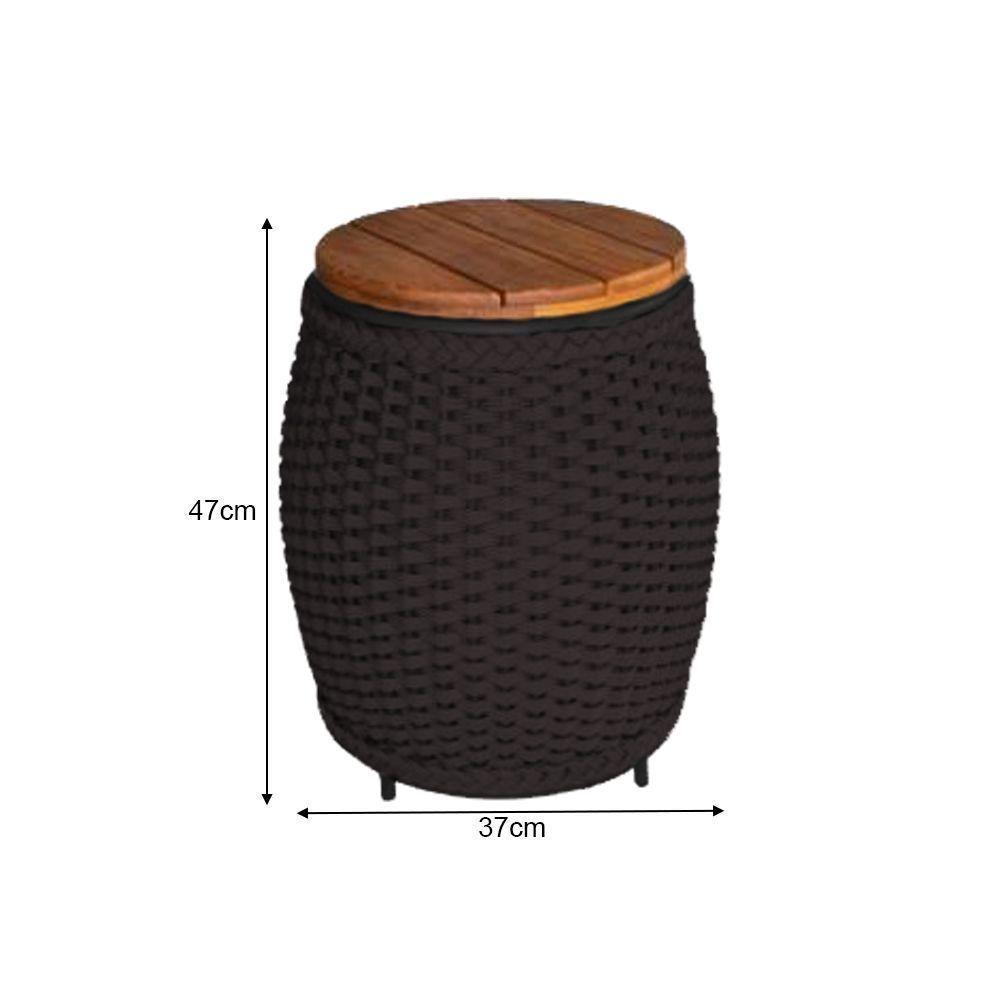 Puff Mesa Garden Em Corda Náutica Base Em Alumínio Preta E Tampo Em Madeira Marrom - Cor: Marrom - 2