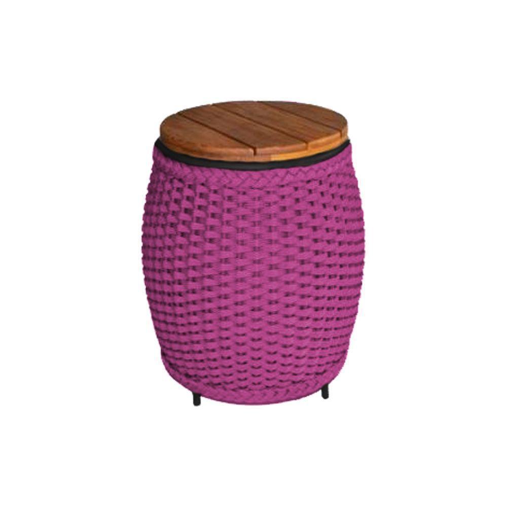 Puff Mesa Garden Em Corda Náutica Base Em Alumínio Preta E Tampo Em Madeira Rosa - Cor: Rosa - 1
