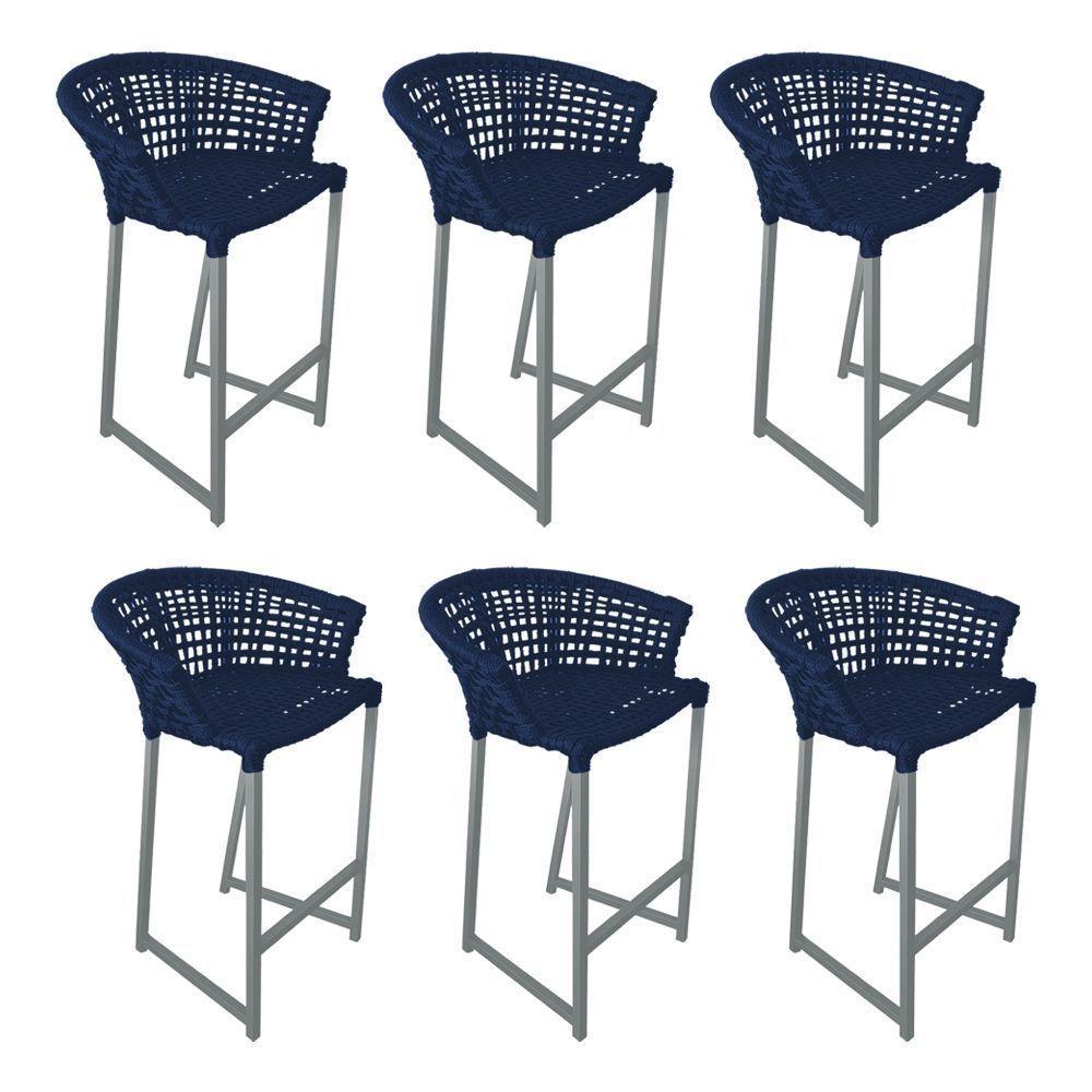 Kit 6 Banquetas Reis Em Corda Náutica E Base Em Alumínio Cinza Para área Gourmet Azul Marinho Azul - 1