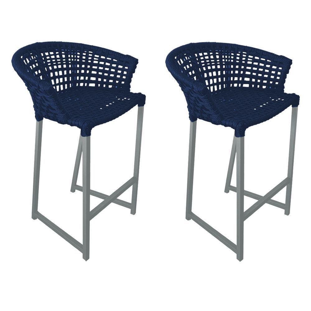Kit 2 Banquetas Reis Em Corda Náutica E Base Em Alumínio Cinza Para área Gourmet Azul Marinho Azul - 1