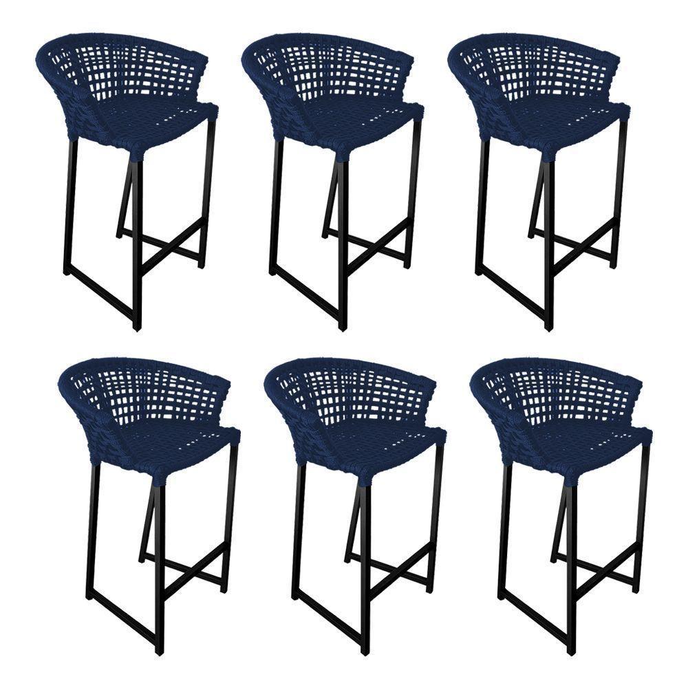 Kit 6 Banquetas Reis Em Corda Náutica E Base Em Alumínio Preta Para área Gourmet Azul Marinho Azul - 1