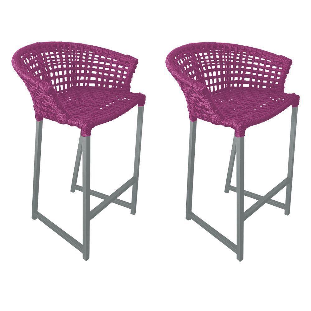 Kit 2 Banquetas Reis Em Corda Náutica E Base Em Alumínio Cinza Para área Gourmet Externa Rosa Rosa - 1