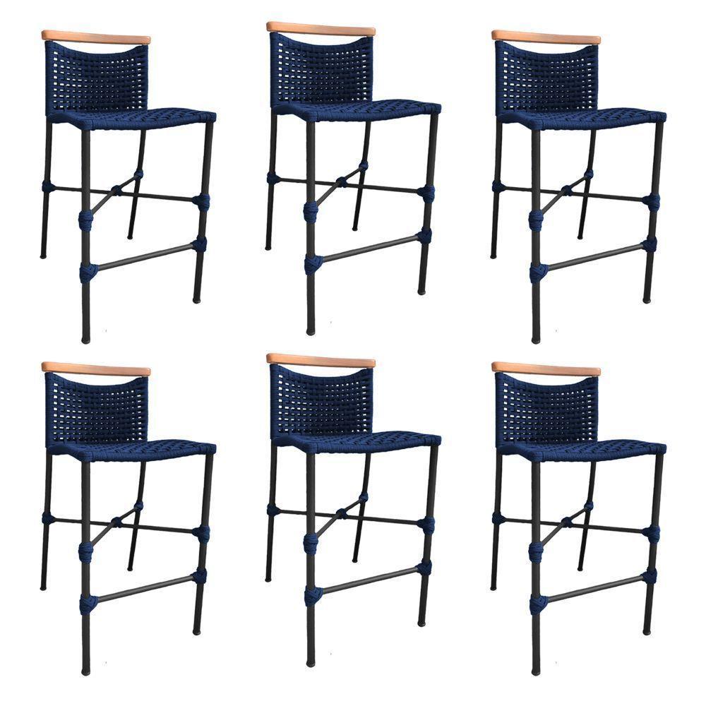 Kit 6 Banquetas Em Corda Náutica Base Em Alumínio Preta Com Detalhe Em Madeira Azul Marinho Azul - 1