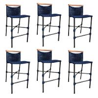 Kit 6 Banquetas Em Corda Náutica Base Em Alumínio Preta Com Detalhe Em Madeira Azul Marinho Azul - 1