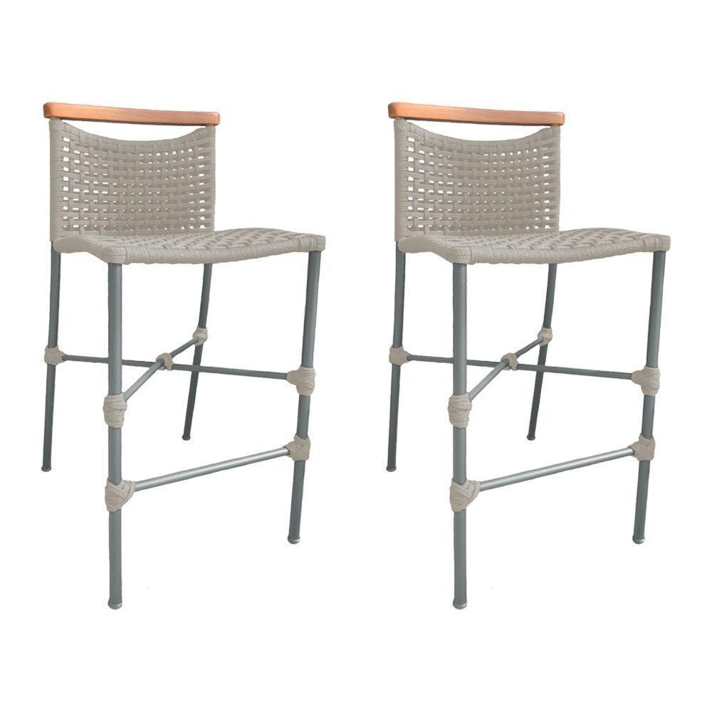 Kit 2 Banquetas Em Corda Náutica Base Em Alumínio Cinza Com Detalhe Em Madeira Areia Bege - 1