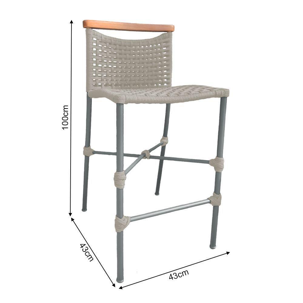 Kit 2 Banquetas Em Corda Náutica Base Em Alumínio Cinza Com Detalhe Em Madeira Areia Bege - 2