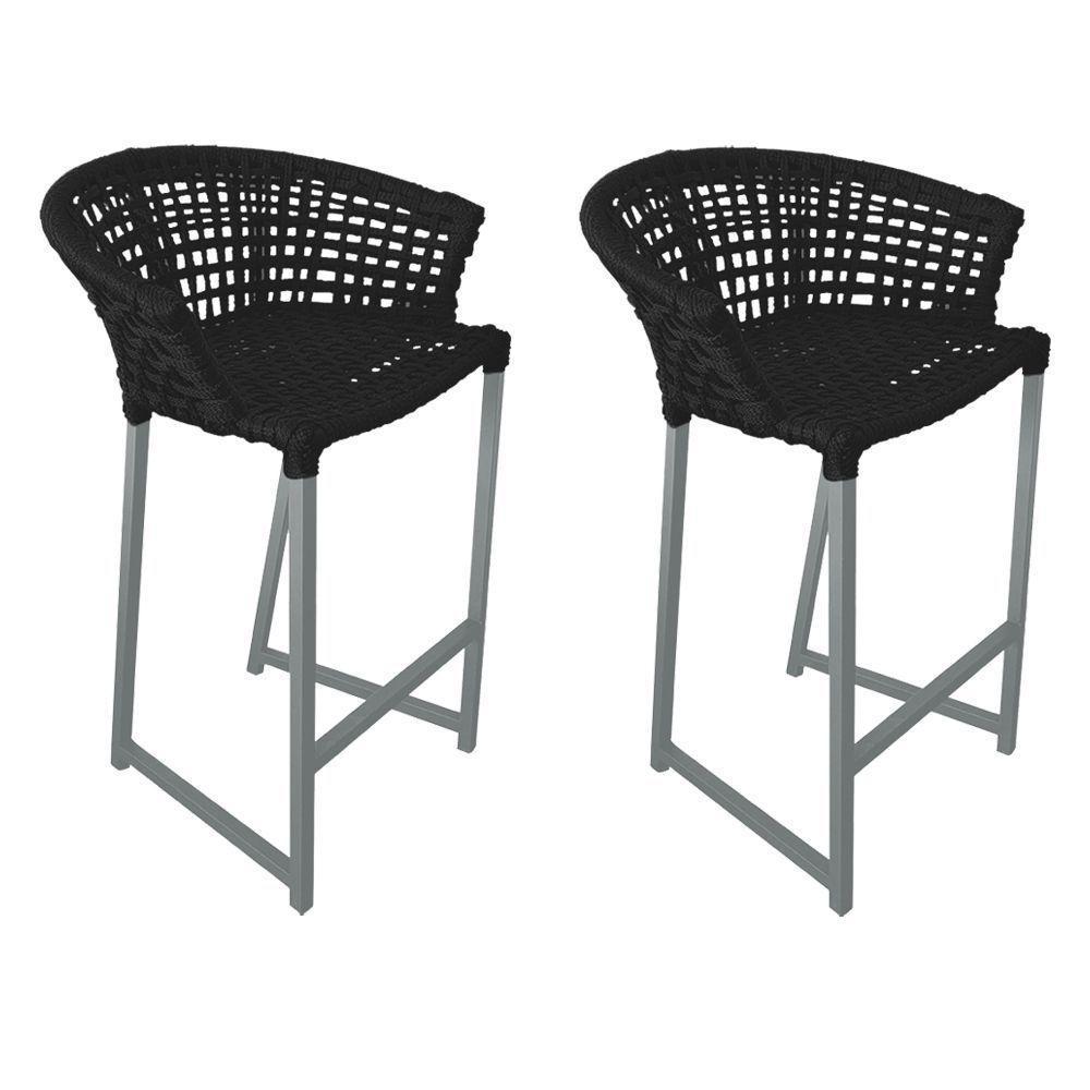 Kit 2 Banquetas Reis Em Corda Náutica E Base Em Alumínio Cinza Para área Gourmet Externa Preta Preto - 1