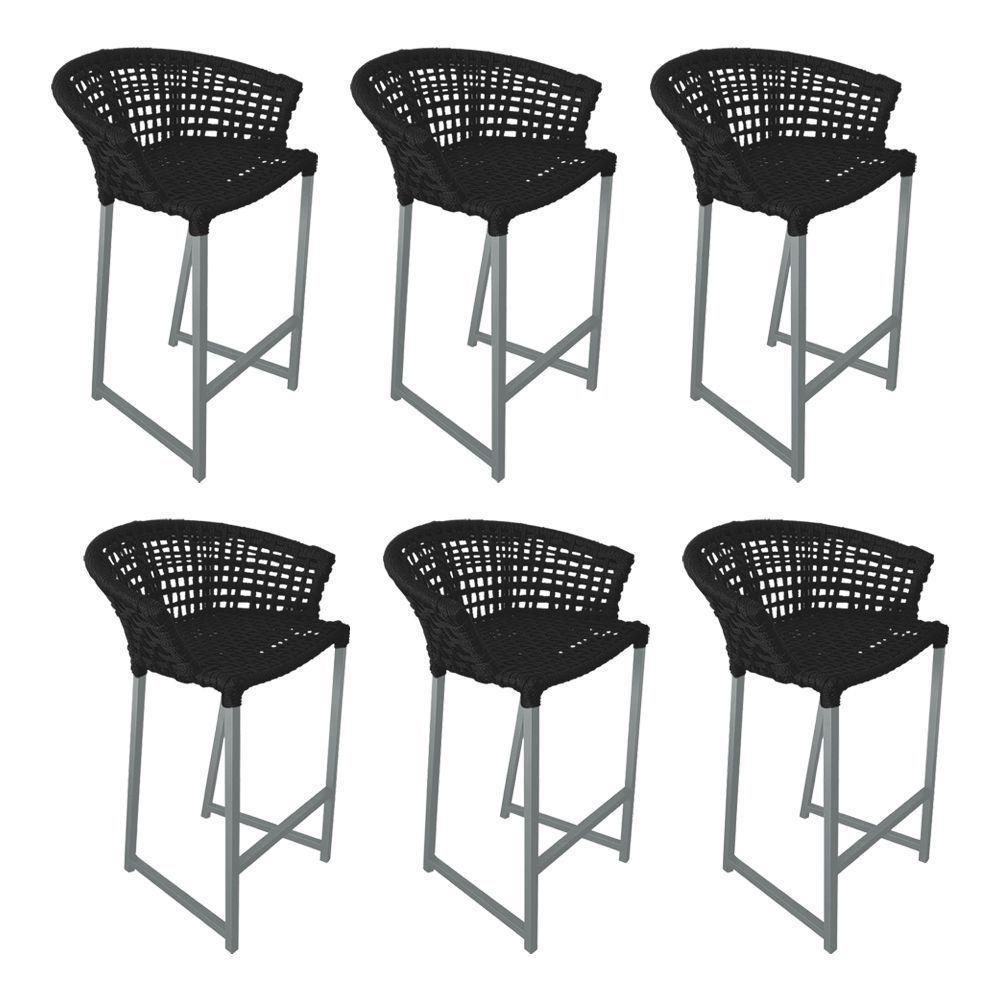 Kit 6 Banquetas Reis Em Corda Náutica E Base Em Alumínio Cinza Para área Gourmet Externa Preta Preto - 1