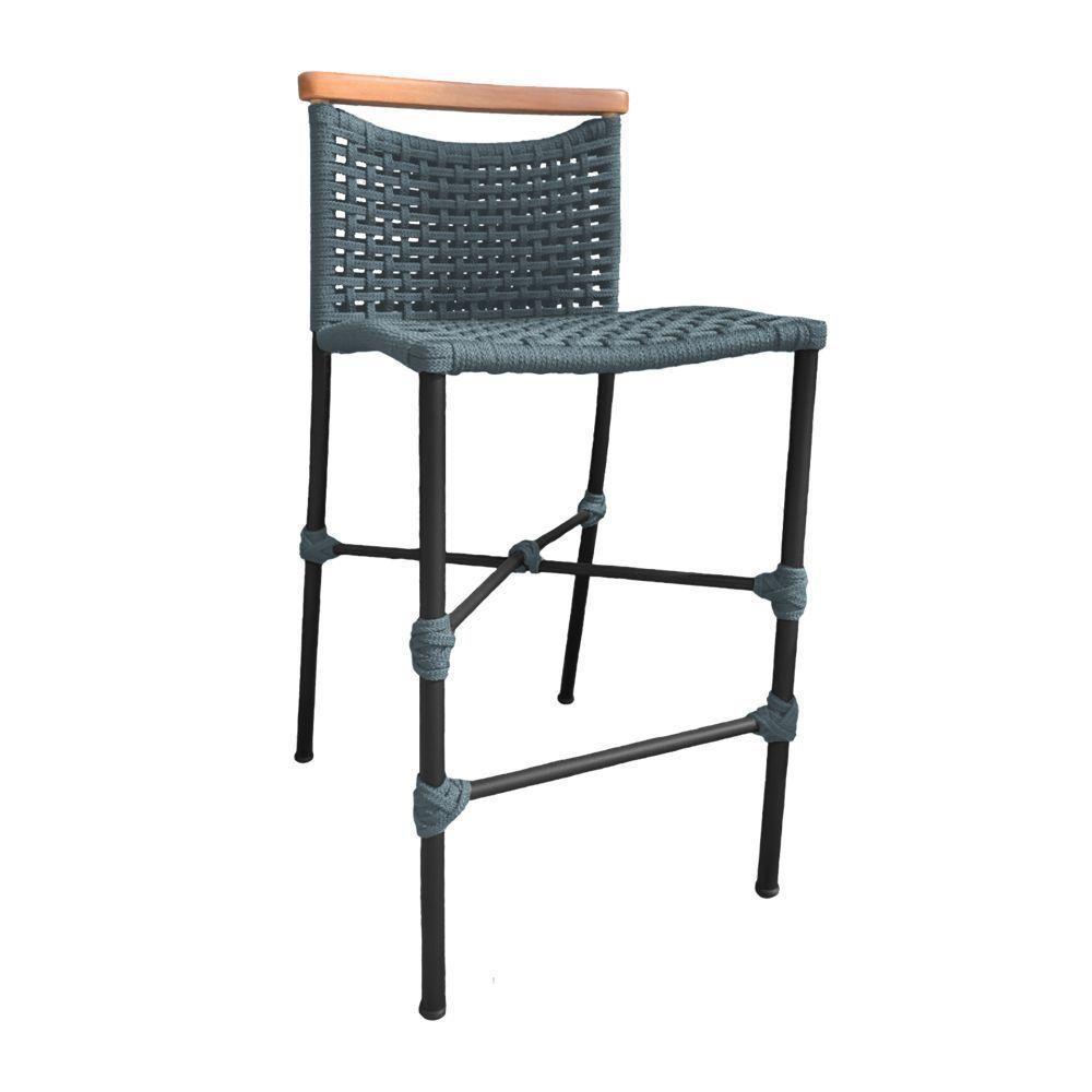 Kit 4 Banquetas Em Corda Náutica Base Em Alumínio Preta Com Detalhe Em Madeira Cinza Cinza - 3